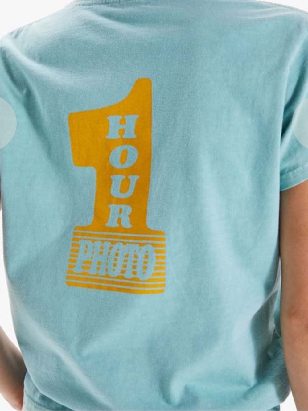 MOTHER Goodie one hour photo Aqua Blue Graphic Short Sleeve Tee with Yellow Logo - Picture 2 of 2